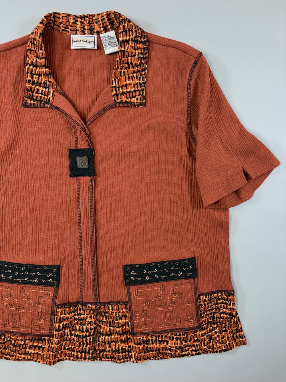 Napa Valley L Y2K Cinnamon Mahogany Brown Animal Print Art to Wear Patchwork Top